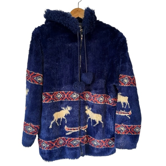 Vintage Northern Lifestyles Canada Fuzzy Reindeer Zip Front Hoody Jacket XS - Picture 3 of 16